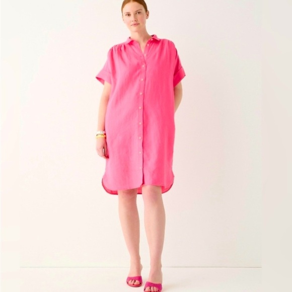 J. Crew Pink Relaxed Fit Short Sleeve Baird McNutt Irish Linen Button Shirtdress - Picture 7 of 10